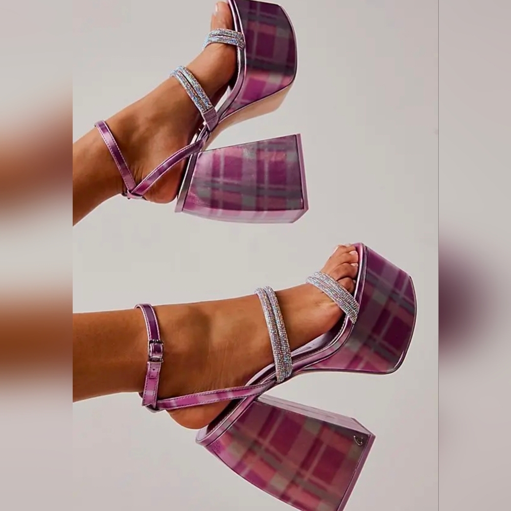 Circus NY Mila Orchid Jewel Purple Plaid Rhinestone Platform Sandals, Size 7.5